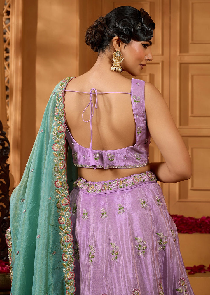 Lavender Purple Satin Silk Lehenga Choli with Handcrafted Floral & Sequin Work