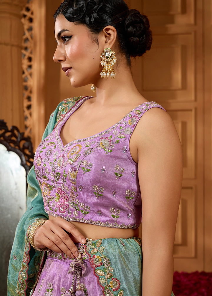 Lavender Purple Satin Silk Lehenga Choli with Handcrafted Floral & Sequin Work
