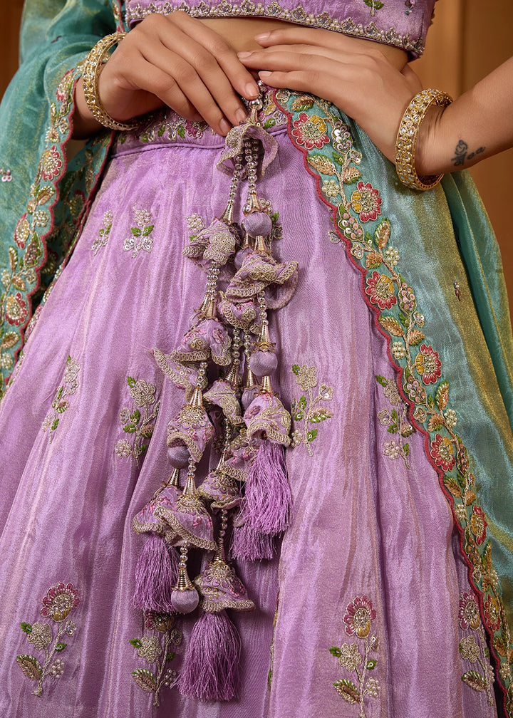 Lavender Purple Satin Silk Lehenga Choli with Handcrafted Floral & Sequin Work