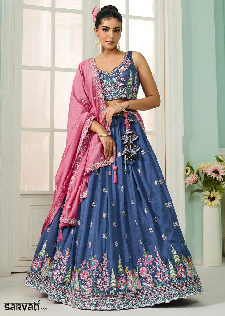 Royal Blue Silk Lehenga Choli with Handcrafted Floral & Sequin Work