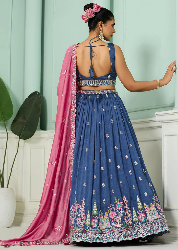 Royal Blue Silk Lehenga Choli with Handcrafted Floral & Sequin Work