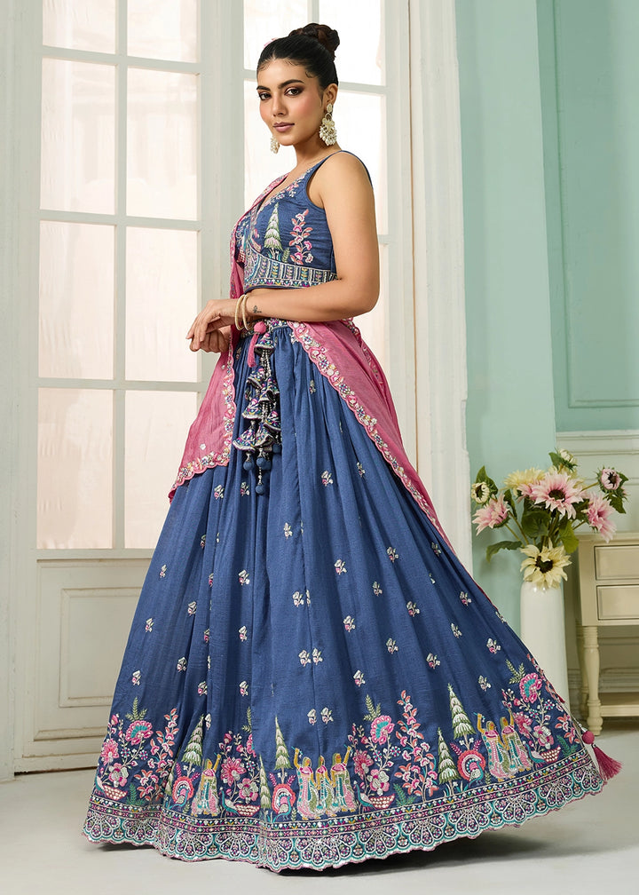 Royal Blue Silk Lehenga Choli with Handcrafted Floral & Sequin Work