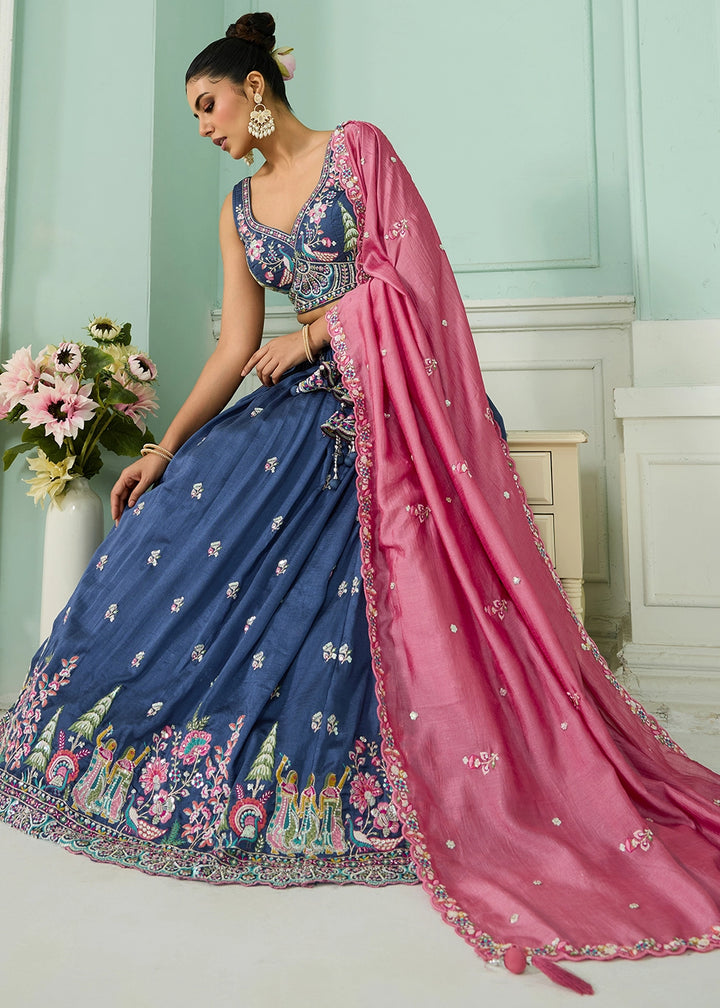 Royal Blue Silk Lehenga Choli with Handcrafted Floral & Sequin Work