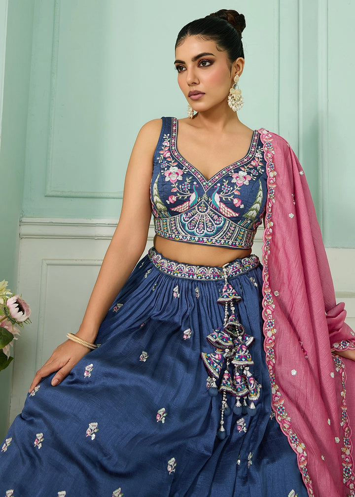 Royal Blue Silk Lehenga Choli with Handcrafted Floral & Sequin Work
