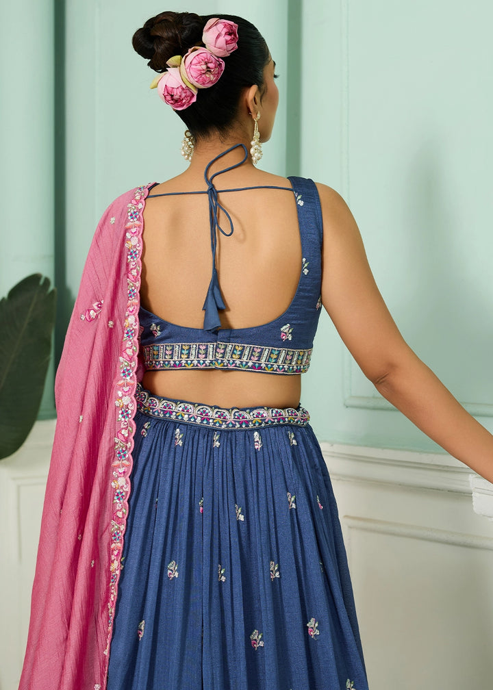 Royal Blue Silk Lehenga Choli with Handcrafted Floral & Sequin Work