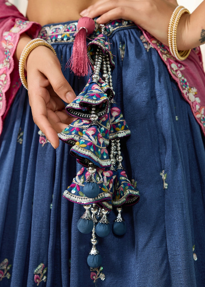 Royal Blue Silk Lehenga Choli with Handcrafted Floral & Sequin Work