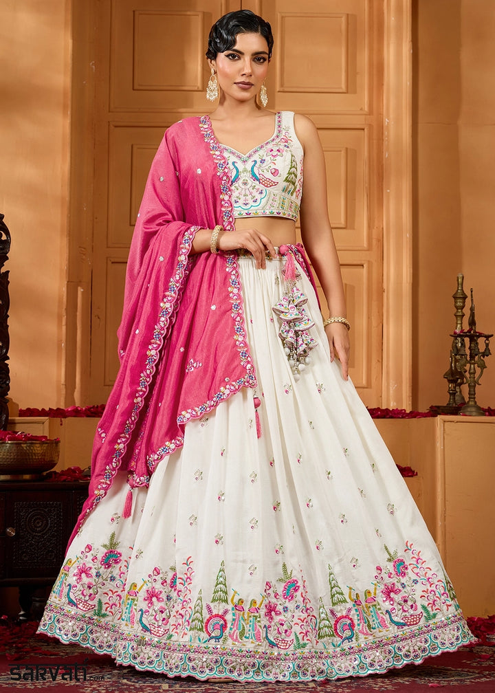 Pearl White Silk Lehenga Choli with Handcrafted Floral & Sequin Work