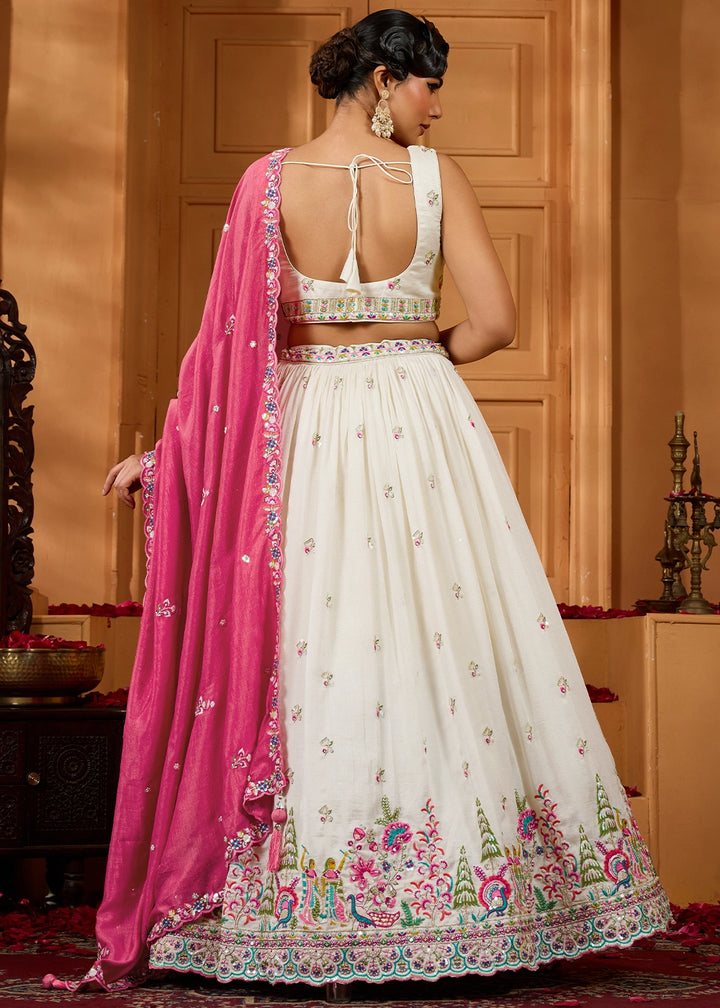 Pearl White Silk Lehenga Choli with Handcrafted Floral & Sequin Work