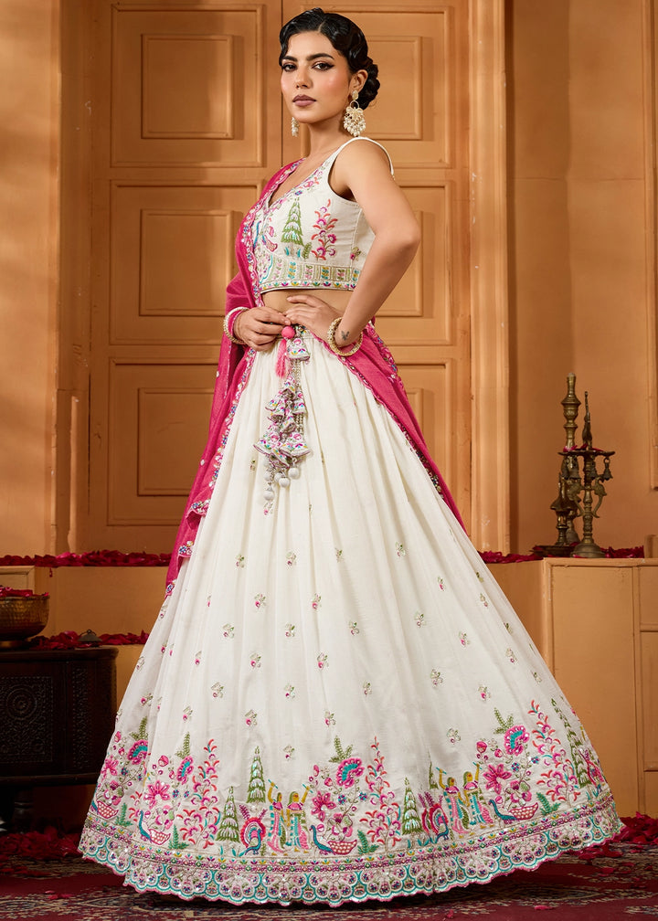 Pearl White Silk Lehenga Choli with Handcrafted Floral & Sequin Work