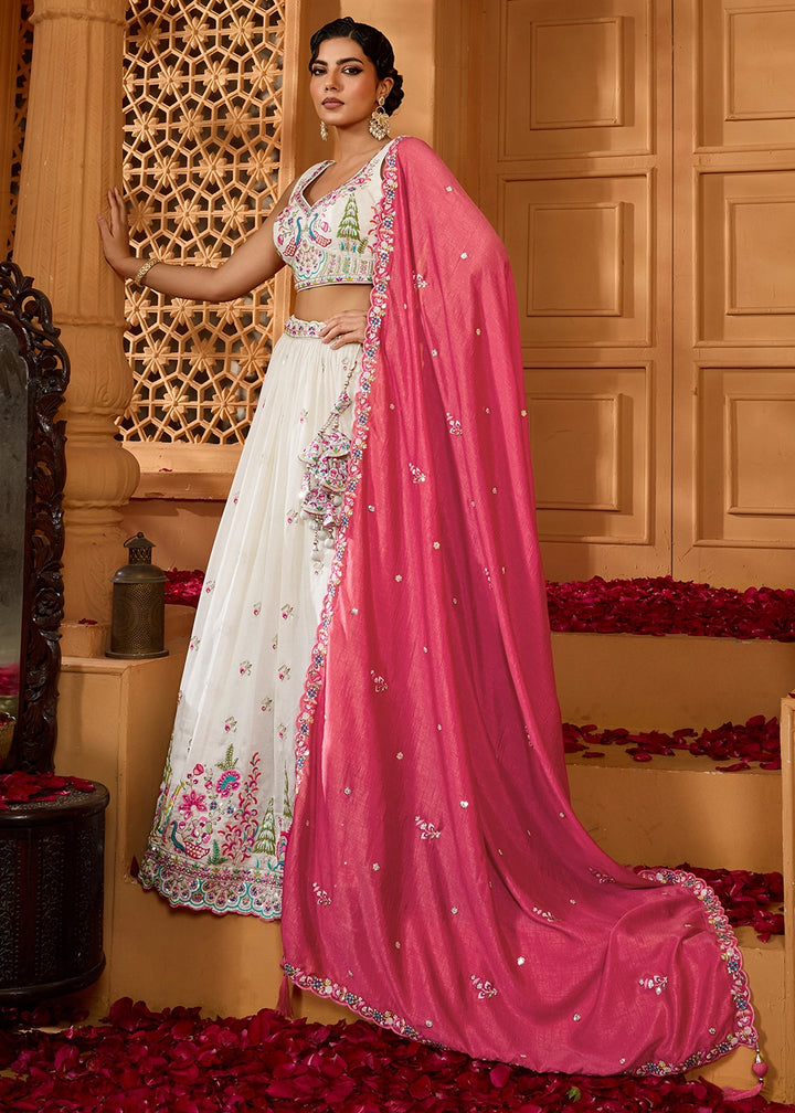 Pearl White Silk Lehenga Choli with Handcrafted Floral & Sequin Work