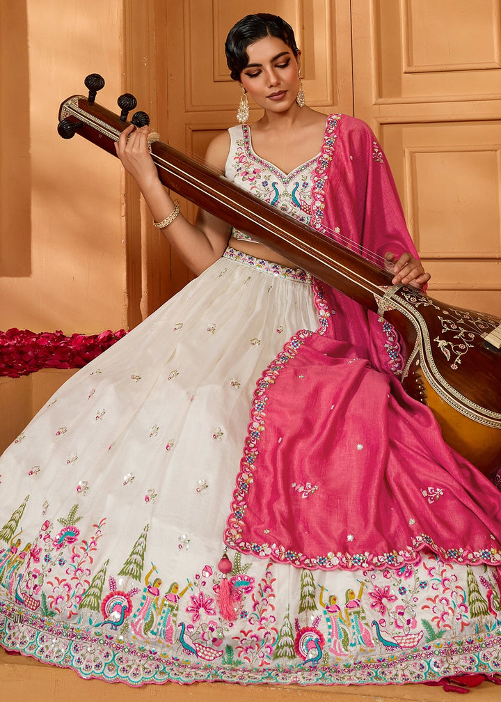 Pearl White Silk Lehenga Choli with Handcrafted Floral & Sequin Work
