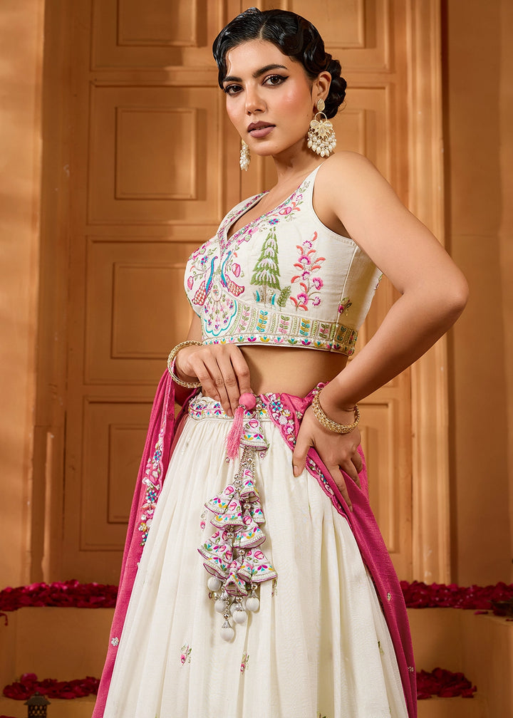 Pearl White Silk Lehenga Choli with Handcrafted Floral & Sequin Work