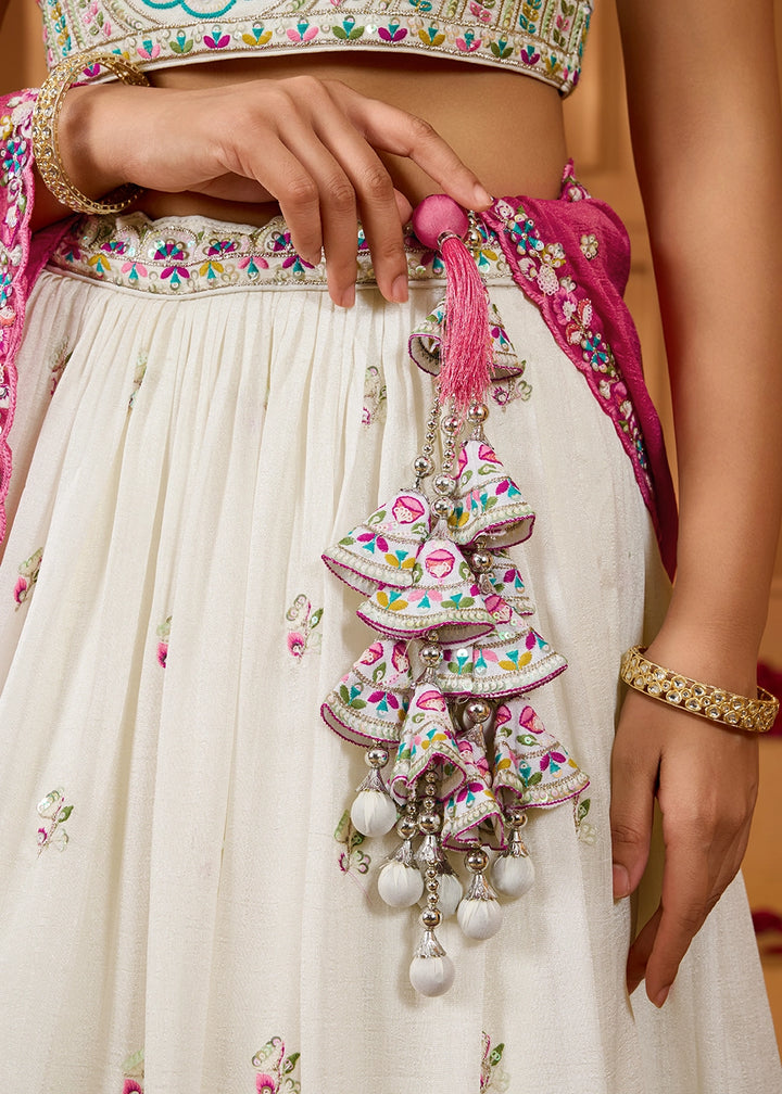 Pearl White Silk Lehenga Choli with Handcrafted Floral & Sequin Work