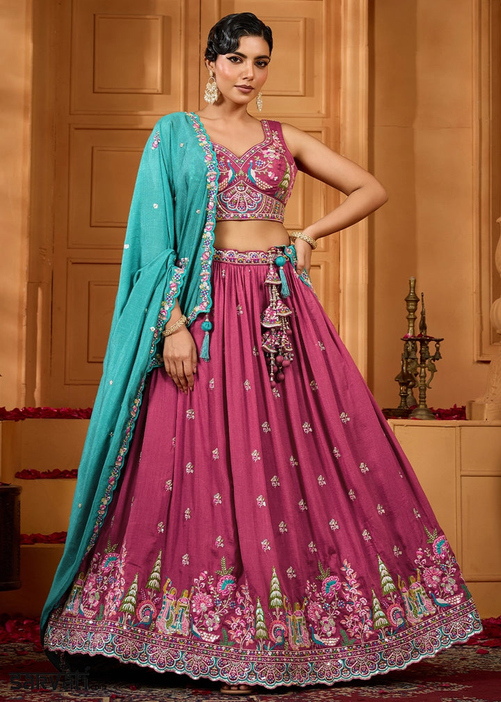 Dark Fuschia Pink Silk Lehenga Choli with Handcrafted Floral & Sequin Work