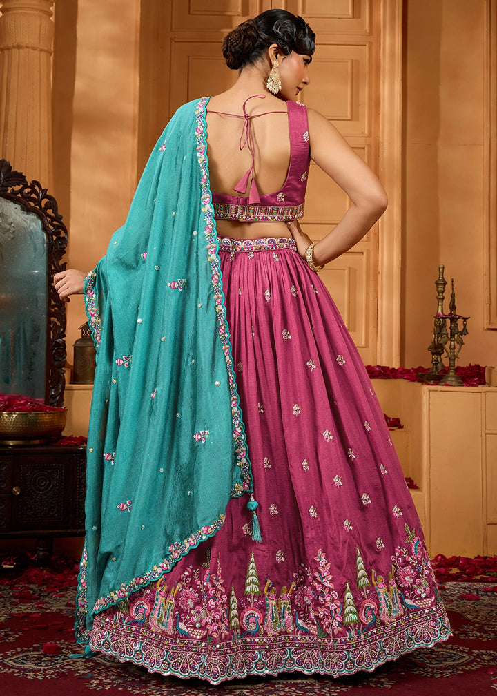 Dark Fuschia Pink Silk Lehenga Choli with Handcrafted Floral & Sequin Work