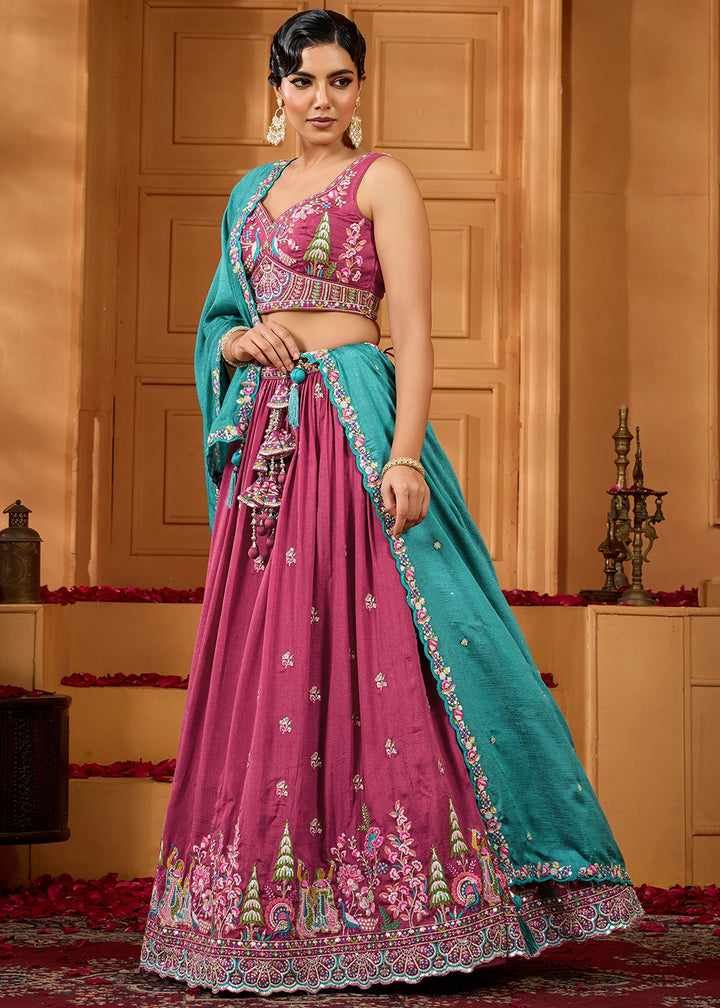 Dark Fuschia Pink Silk Lehenga Choli with Handcrafted Floral & Sequin Work