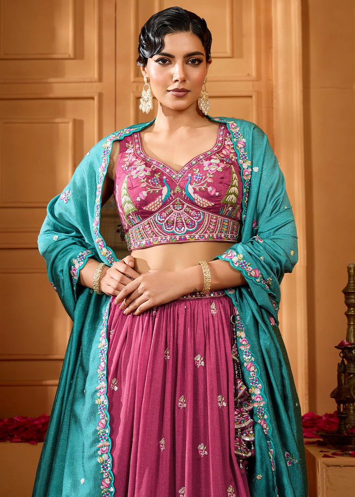 Dark Fuschia Pink Silk Lehenga Choli with Handcrafted Floral & Sequin Work