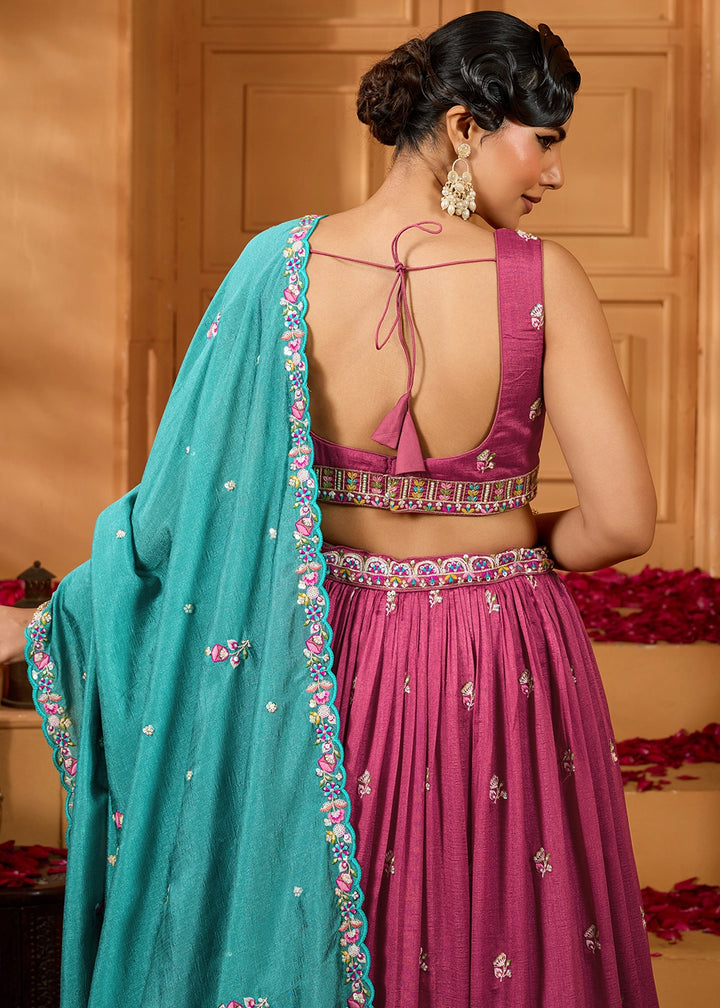 Dark Fuschia Pink Silk Lehenga Choli with Handcrafted Floral & Sequin Work