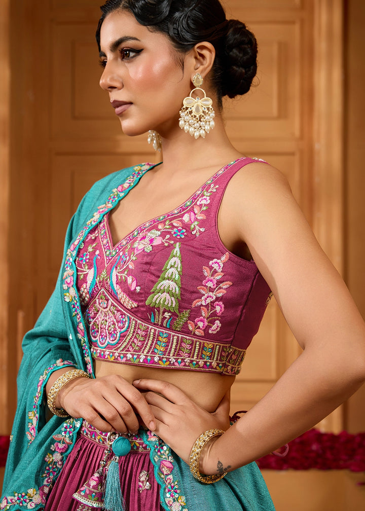 Dark Fuschia Pink Silk Lehenga Choli with Handcrafted Floral & Sequin Work