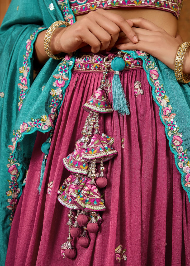 Dark Fuschia Pink Silk Lehenga Choli with Handcrafted Floral & Sequin Work