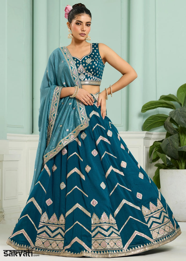 Teal Blue Silk Lehenga Choli with Sequin Work