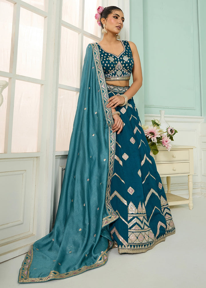 Teal Blue Silk Lehenga Choli with Sequin Work
