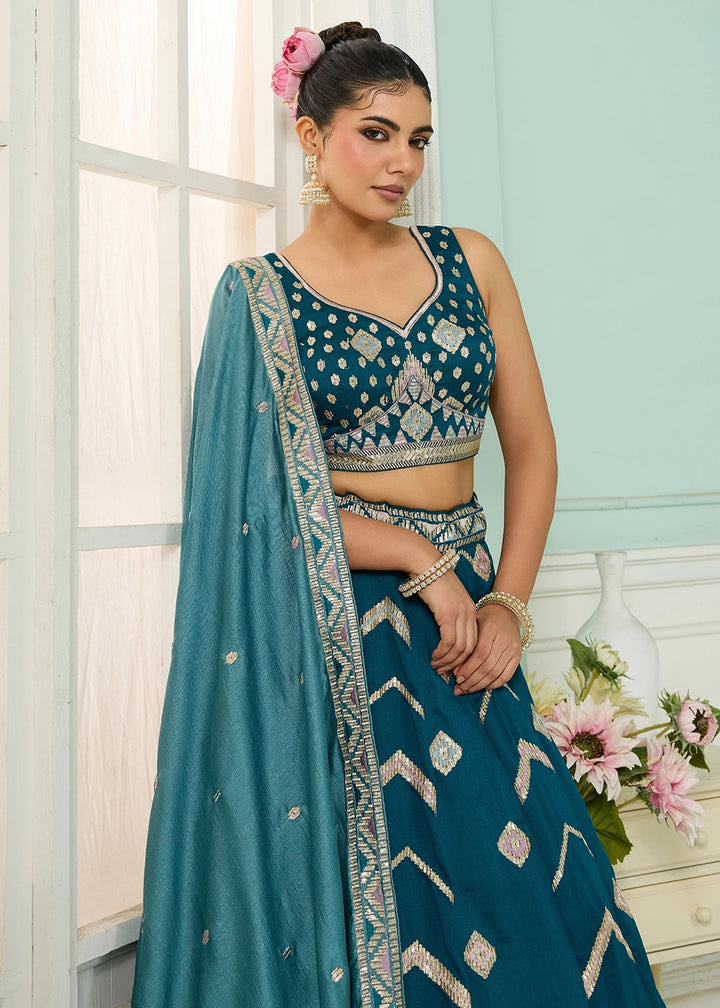 Teal Blue Silk Lehenga Choli with Sequin Work