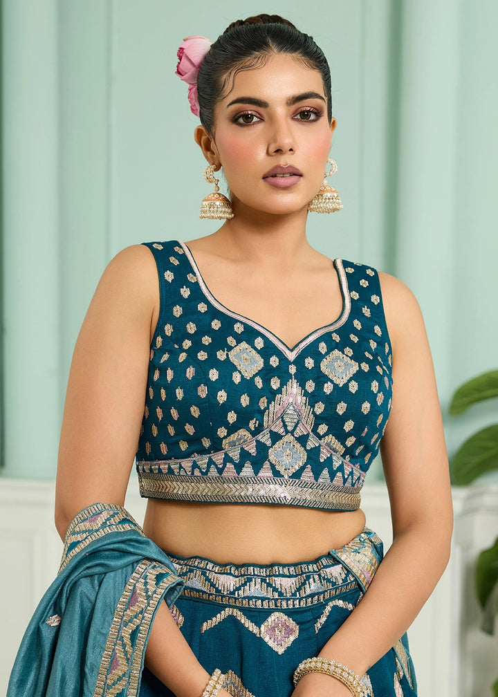 Teal Blue Silk Lehenga Choli with Sequin Work