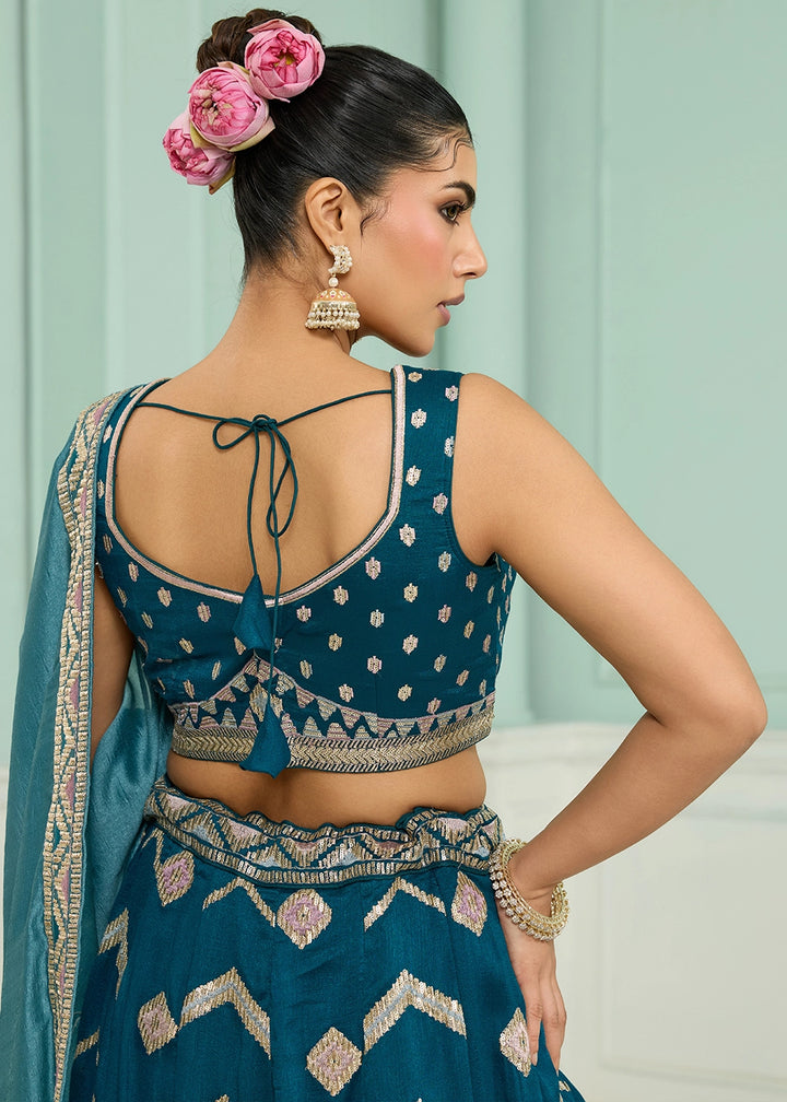 Teal Blue Silk Lehenga Choli with Sequin Work