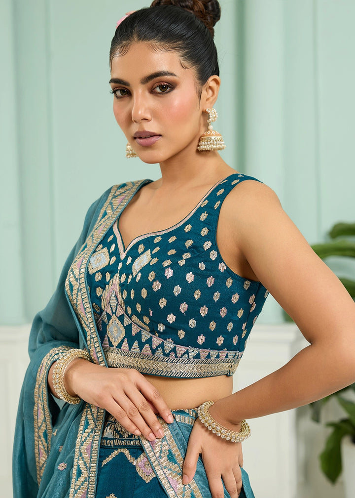 Teal Blue Silk Lehenga Choli with Sequin Work