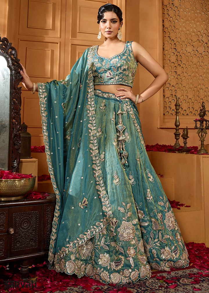 Shades Of Green Tissue Lehenga Choli with Handcrafted Floral & Sequin Work