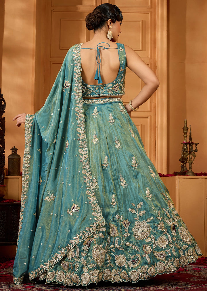 Shades Of Green Tissue Lehenga Choli with Handcrafted Floral & Sequin Work