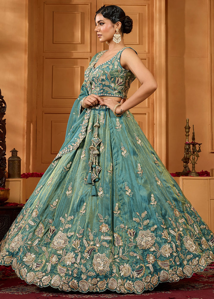 Shades Of Green Tissue Lehenga Choli with Handcrafted Floral & Sequin Work