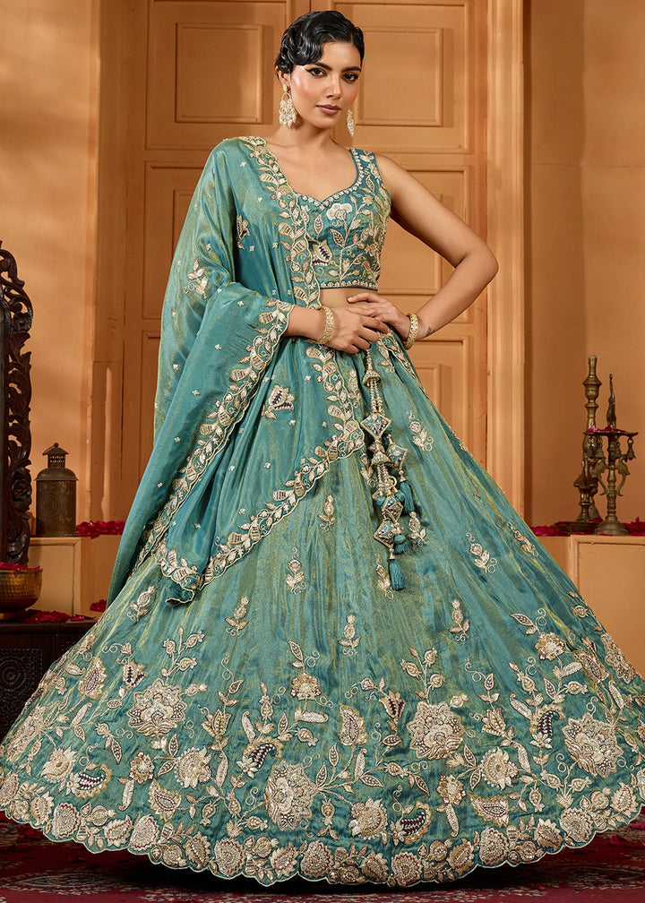 Shades Of Green Tissue Lehenga Choli with Handcrafted Floral & Sequin Work