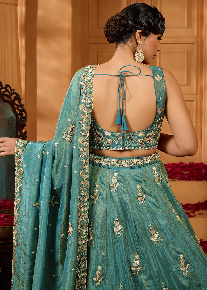 Shades Of Green Tissue Lehenga Choli with Handcrafted Floral & Sequin Work