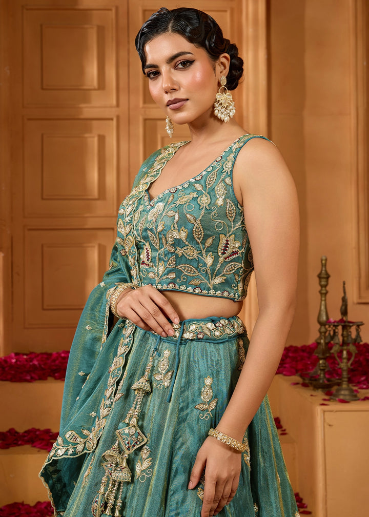 Shades Of Green Tissue Lehenga Choli with Handcrafted Floral & Sequin Work