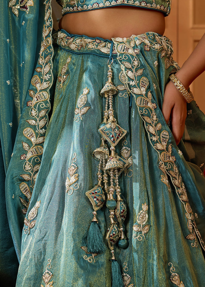 Shades Of Green Tissue Lehenga Choli with Handcrafted Floral & Sequin Work