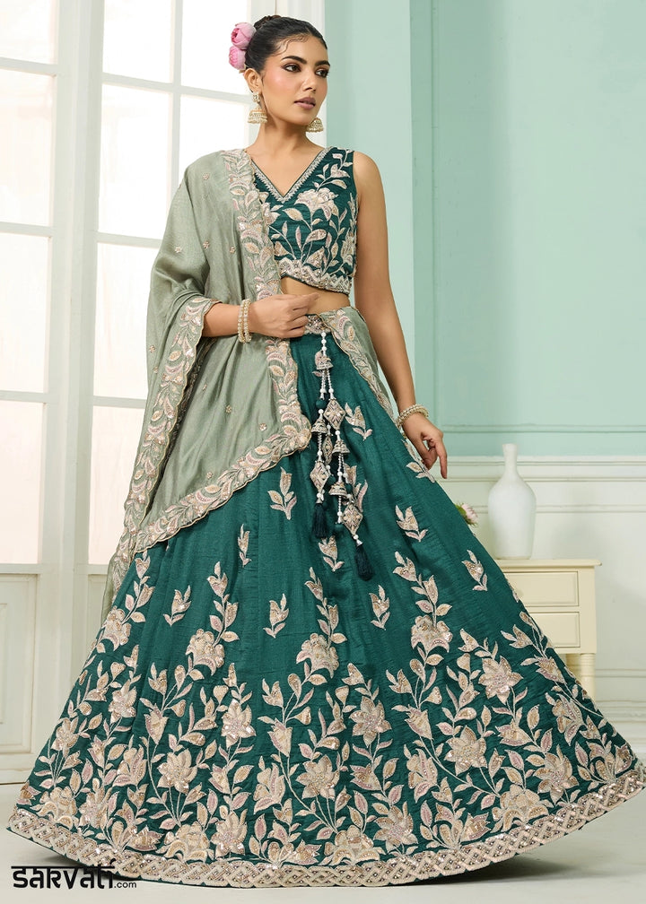 Teal Green Silk Lehenga Choli with Handcrafted Floral & Sequin Work