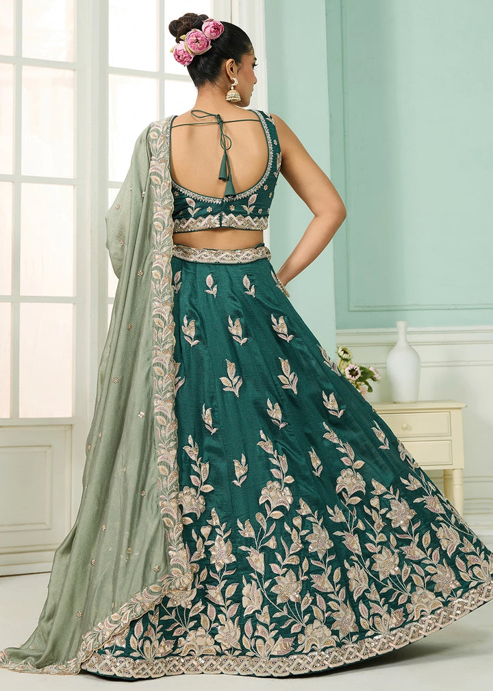 Teal Green Silk Lehenga Choli with Handcrafted Floral & Sequin Work