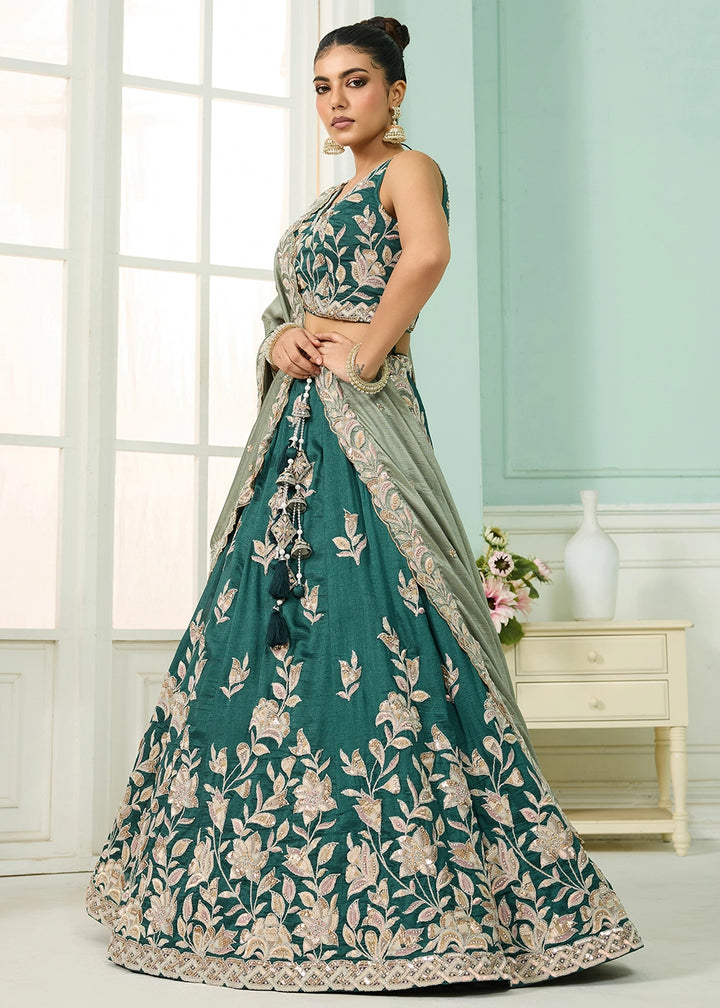 Teal Green Silk Lehenga Choli with Handcrafted Floral & Sequin Work