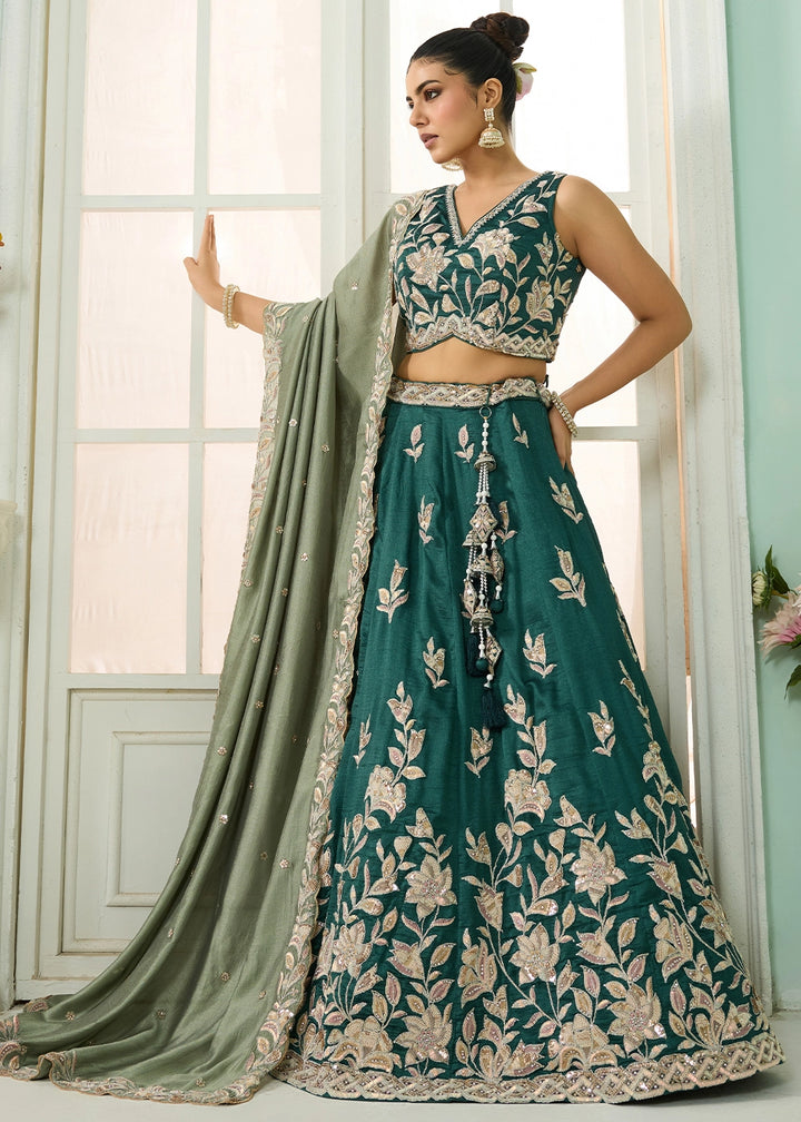 Teal Green Silk Lehenga Choli with Handcrafted Floral & Sequin Work