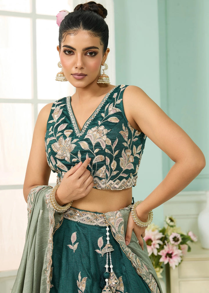 Teal Green Silk Lehenga Choli with Handcrafted Floral & Sequin Work