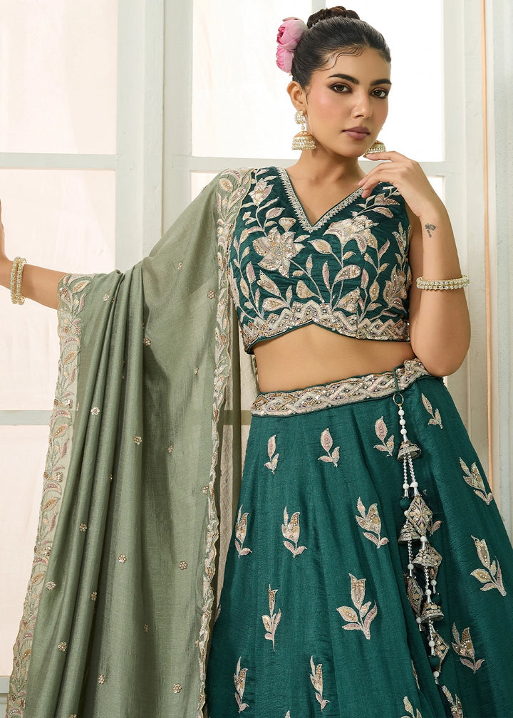 Teal Green Silk Lehenga Choli with Handcrafted Floral & Sequin Work