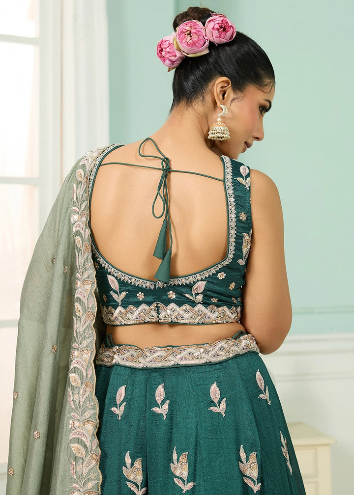 Teal Green Silk Lehenga Choli with Handcrafted Floral & Sequin Work