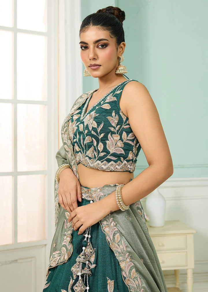 Teal Green Silk Lehenga Choli with Handcrafted Floral & Sequin Work