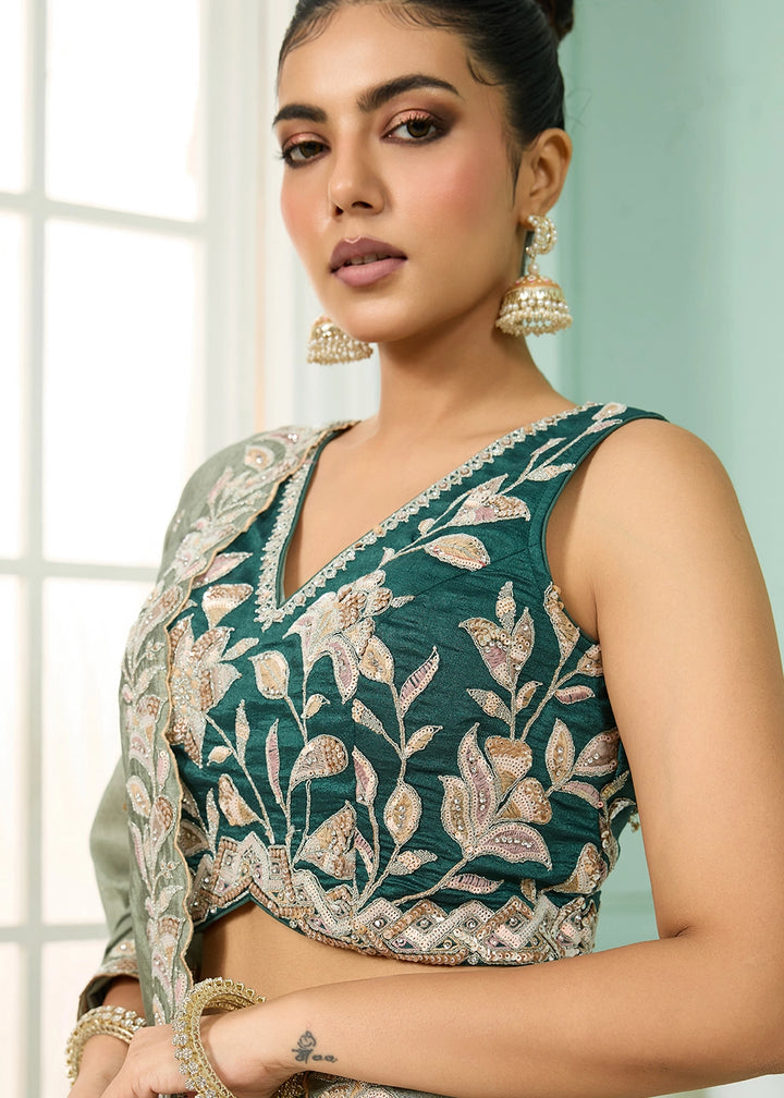 Teal Green Silk Lehenga Choli with Handcrafted Floral & Sequin Work