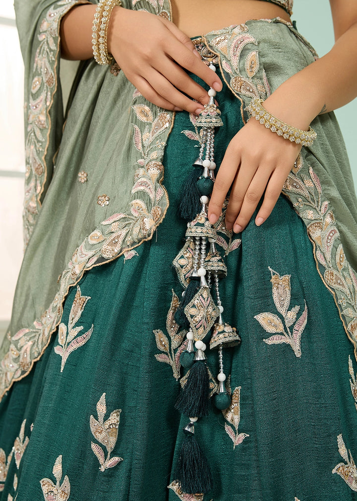 Teal Green Silk Lehenga Choli with Handcrafted Floral & Sequin Work