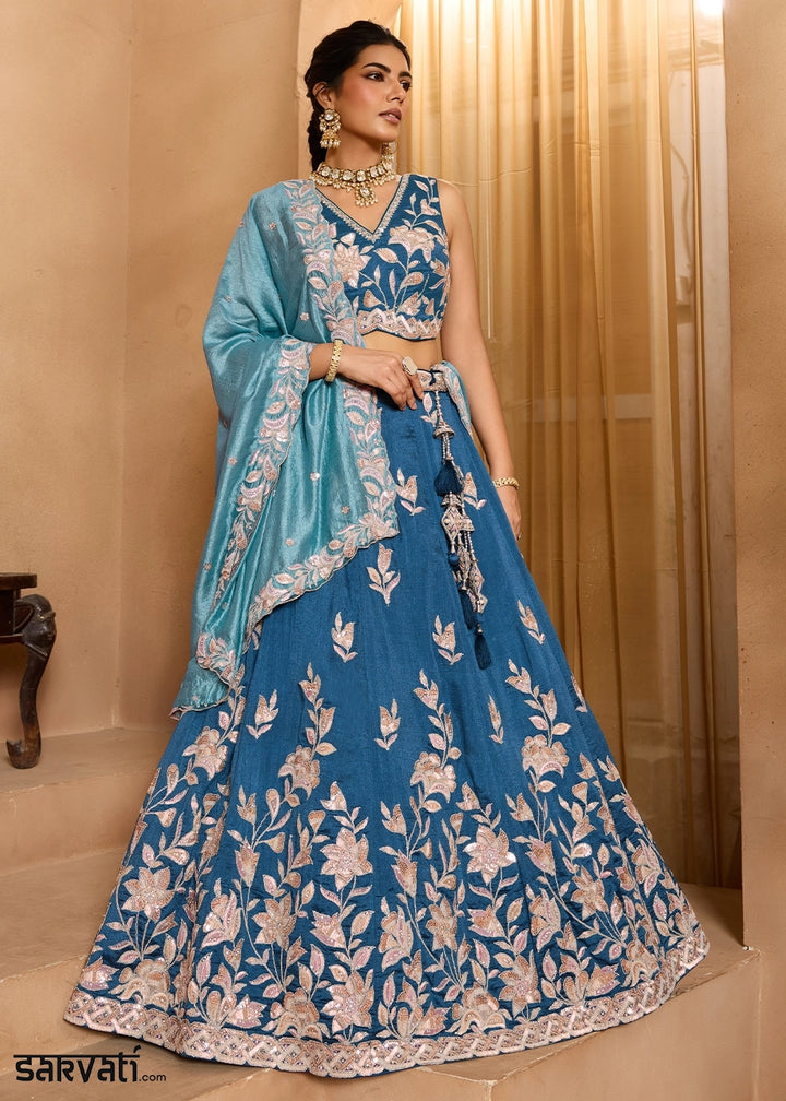 Sapphire Blue Silk Lehenga Choli with Handcrafted Floral & Sequin Work
