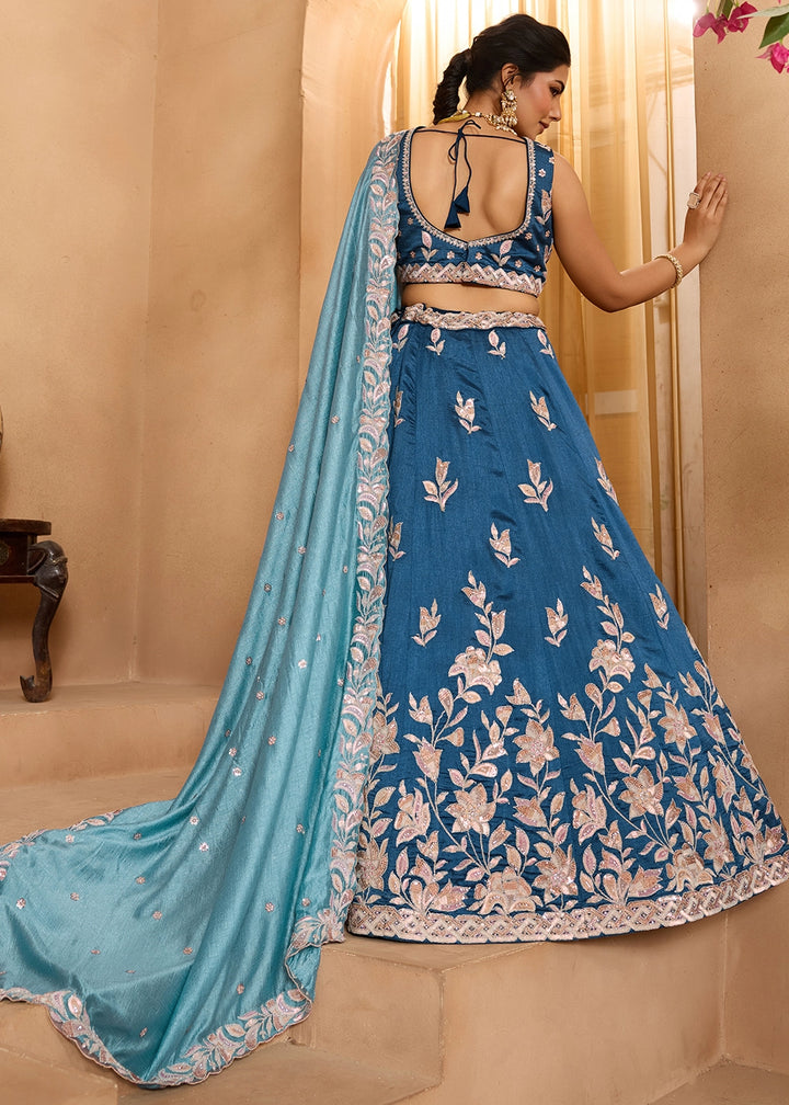 Sapphire Blue Silk Lehenga Choli with Handcrafted Floral & Sequin Work