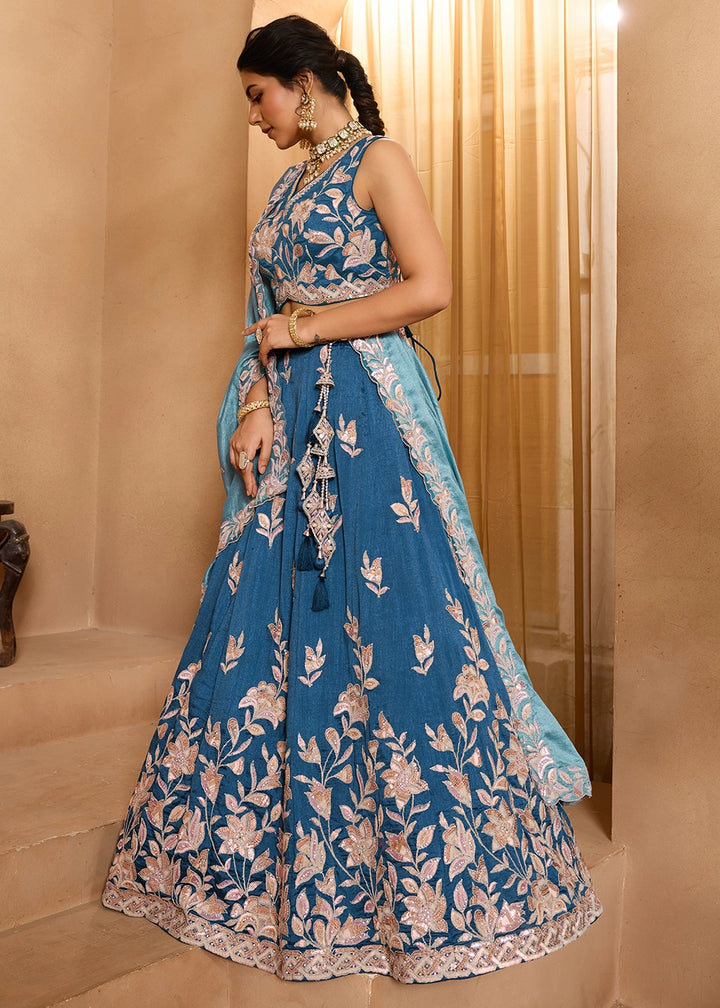 Sapphire Blue Silk Lehenga Choli with Handcrafted Floral & Sequin Work